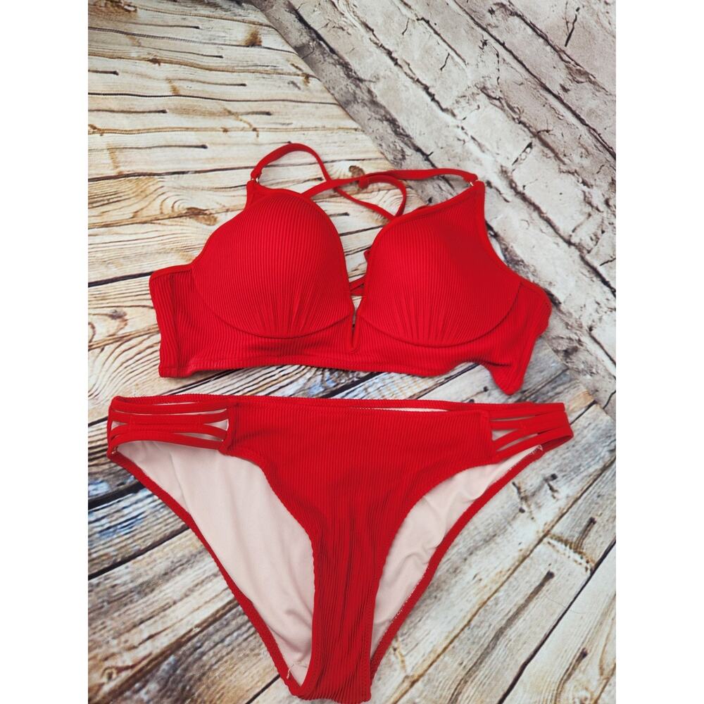 Red Ribbed Push-Up Bikini Set - Women Swim